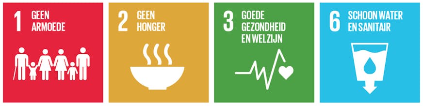 SGD 1 geen armoede, 2 geen honger, 3 goede gezondheid en welzijn, 6 schoon water en sanitair