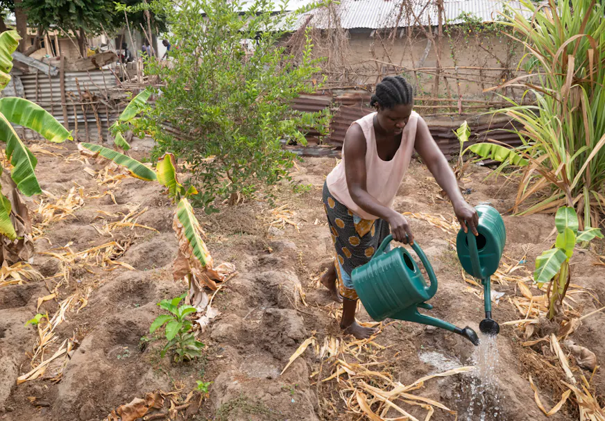 Marceline werkt in haar moestuin in Canchungo, Guinee-Bissau, waar ze groenten verbouwt voor haar gezin.